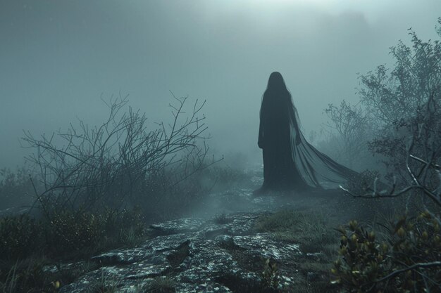 una mujer en un bosque oscuro con un largo velo en la cabeza se encuentra en un camino en la niebla