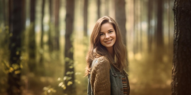 Una mujer se para en un bosque con el pelo recogido y sonríe.