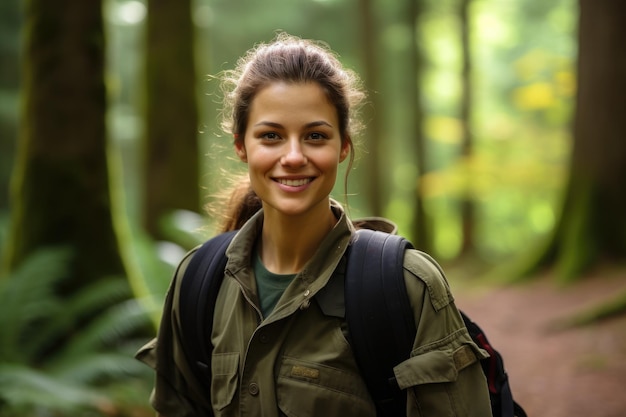 una mujer en un bosque sonriendo