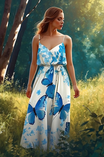 Mujer en el bosque de verano Vestido brillante mariposasVestido de verano largo blanco azulDiseño de arte creativo digital Ilustración de IA