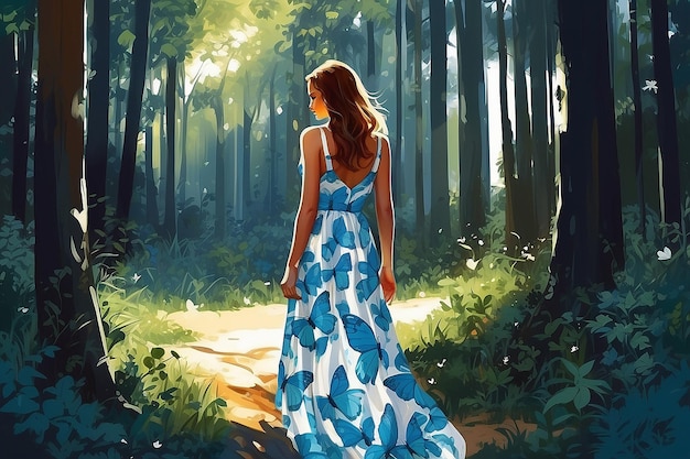 Mujer en el bosque de verano Vestido brillante mariposasVestido de verano largo blanco azulDiseño de arte creativo digital Ilustración de IA