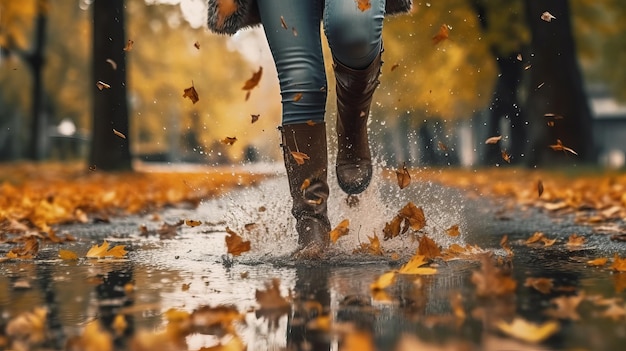 Foto mujer con botas flexibles de lluvia caminando corriendo y rebotando en un charco con agua rociada y gotas en tiempo de lluvia acumulada recurso creativo generado por ia