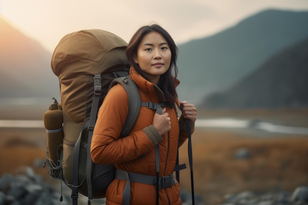 mujer con botas de senderismo y llevando una mochila en la espalda preparándose para ir de excursión