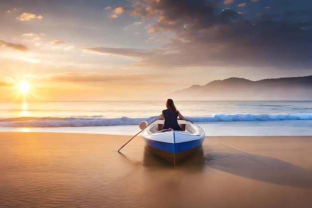 Una mujer en un bote en una playa con una puesta de sol al fondo