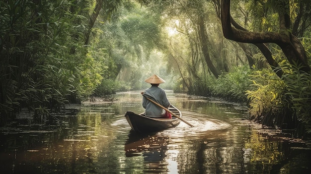 Una mujer en un bote en un río en vietnam