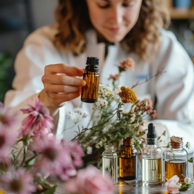 Foto una mujer con una botella de aceite esencial