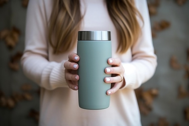 Mujer botella estilo de vida termo beber agua viaje té naturaleza taza saludable metal taza blanca líquido persona recipiente de acero bebida de fondo mano