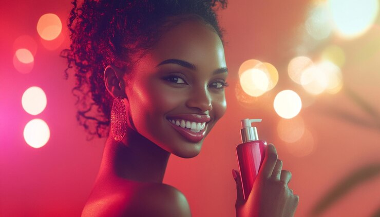 una mujer con una botella roja de perfume