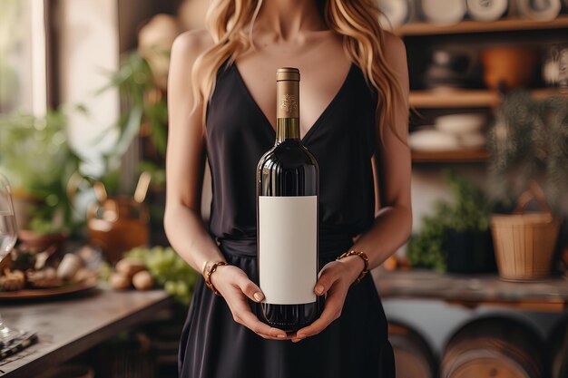 Foto una mujer con una botella de vino