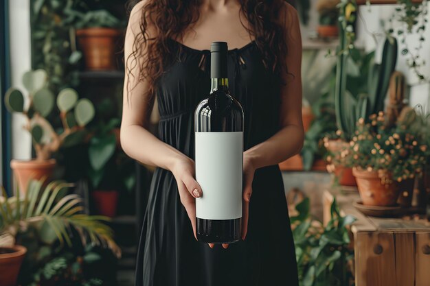 Foto una mujer con una botella de vino