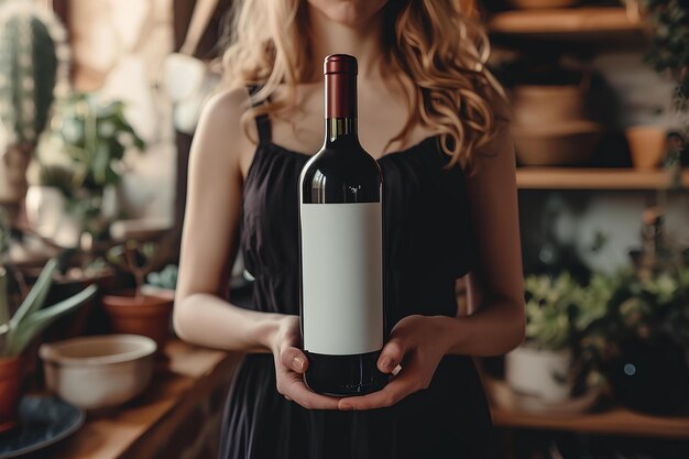 Foto una mujer con una botella de vino