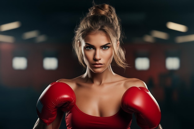 Mujer boxeadora con guantes de boxeo en el gimnasio