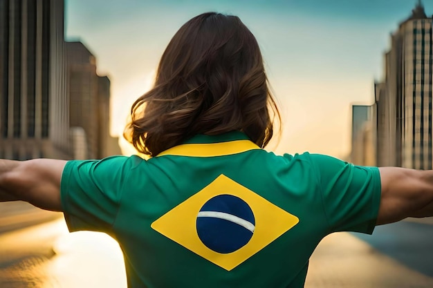 Una mujer brasileña con una camiseta con la bandera brasileña en la espalda Ai generativo