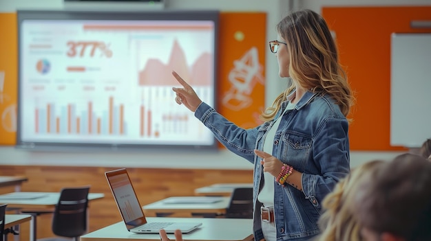 Foto mujer brasileña que utiliza una computadora portátil y un monitor de tv para demostrar una tabla mientras da instrucción en un aula cubierta ia generativa