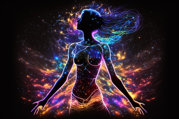 Mujer con los brazos en alto rodeada de estrellas de colores IA generativa