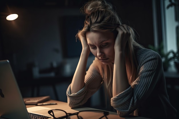Mujer con los brazos en la cabeza mientras trabajaba en su escritorio debido al cansancio generado por Ai