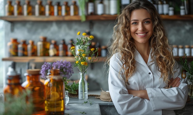 una mujer con los brazos cruzados sentada en una mesa con una botella de aceite y flores