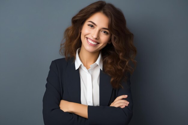 Mujer con los brazos cruzados sonriendo a la cámara