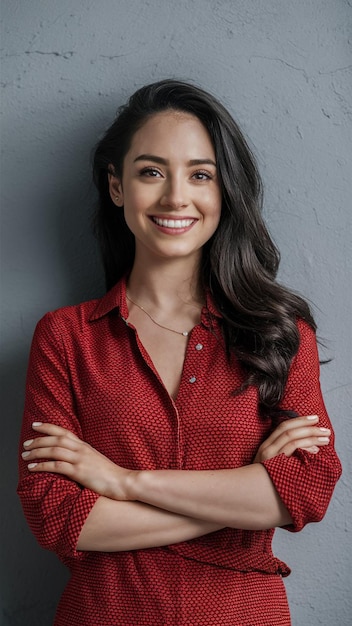 una mujer con los brazos cruzados y sonriendo