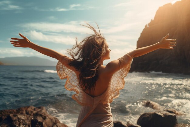 Una mujer con los brazos extendidos disfrutando del viento y la libertad Ai Generativo