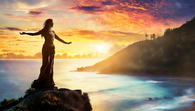una mujer con los brazos extendidos frente a una puesta de sol