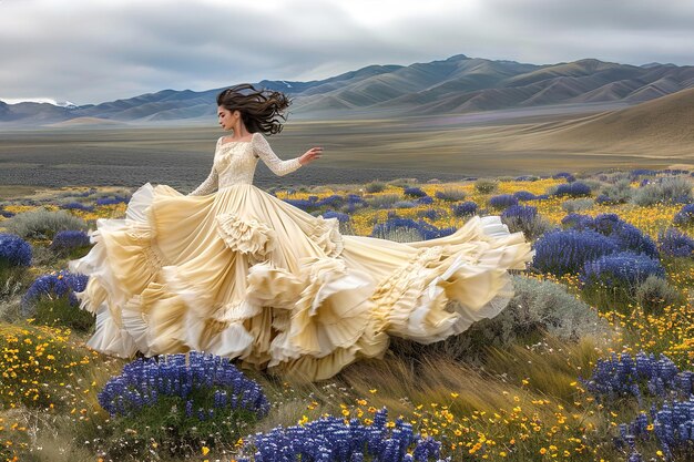 Una mujer con los brazos extendidos girando en un campo de flores silvestres su vestido fluido libertad y libe