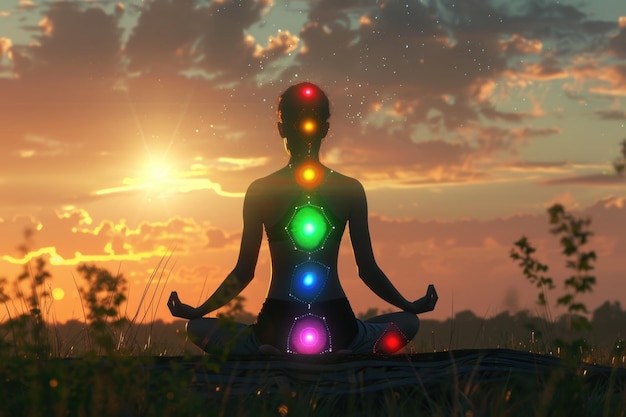 Foto mujer brillando con energía de chakra en meditación de yoga al aire libre