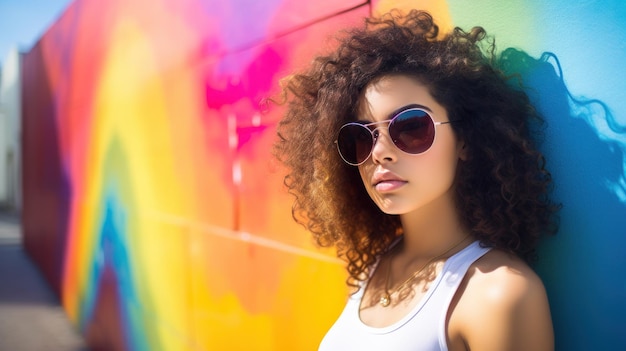 Una mujer brillante y brillante con gafas frente a una pared colorida