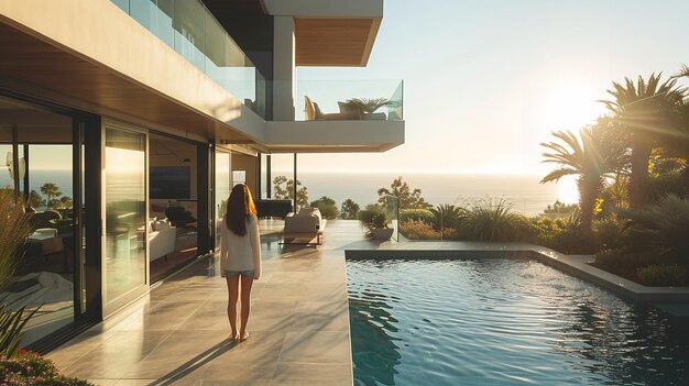 Foto mujer en una brillante terraza de casas opulentas contemporáneas con vistas al océano generative ai