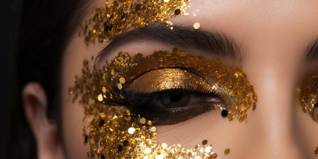 Una mujer con brillo dorado en la cara.