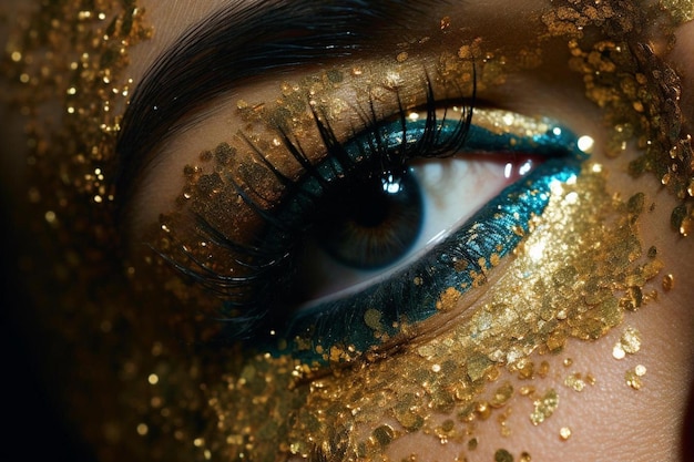 una mujer con brillo dorado y un ojo azul con brillo dorado alrededor de los ojos.