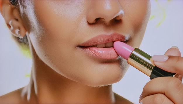 una mujer con brillo de labios rosado está aplicando un brillo de labio rosado