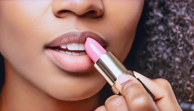 una mujer con un brillo de labios rosado está usando un lápiz labial rosado