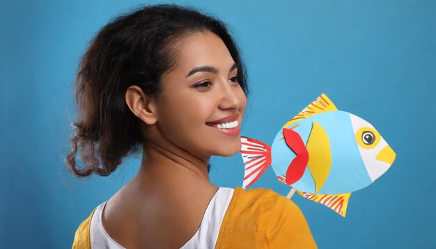 Mujer bromista juguetona con un pez de papel en la espalda para la diversión del día de los tontos de abril