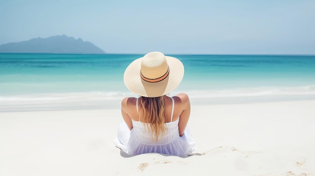 Mujer bronceadora con sombrero para el sol en la playa de vacaciones con tecnología de IA generativa