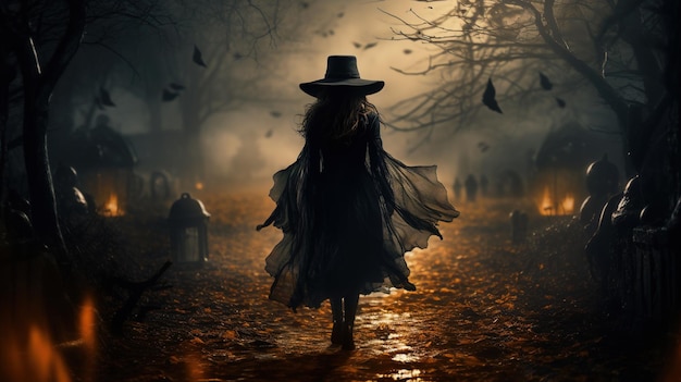 Mujer bruja camina por el bosque o el parque de la ciudad en la noche de Halloween Escena generativa de IA con una niña adulta y Hallowen en espeluznante madera mágica oscura Helloween horror y concepto de otoño