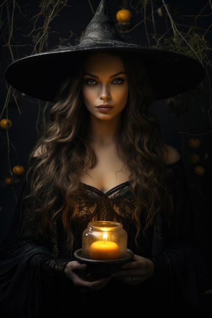 Mujer bruja encantada feliz Halloween noche espeluznante fondo espacio de copia