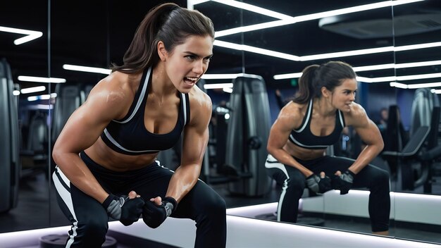 Mujer bruneta deportiva en ropa deportiva entrenando en un gimnasio