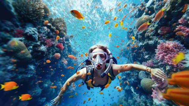 Mujer buceadora nadando en el mar bajo el agua Tecnología Generativa Ai