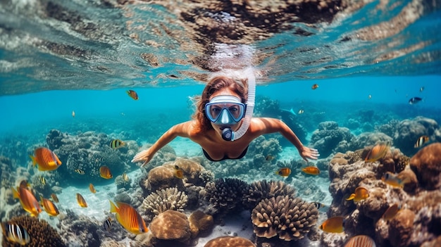 Mujer buceando en el océano con corales y peces.