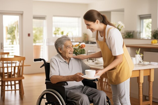 Foto una mujer de buen corazón le ofrece una taza de café caliente a un hombre que usa una silla de ruedas una joven cuidadora ayuda a un anciano en silla de ruedas en un hogar de ancianos generada por ia