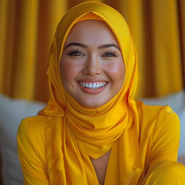 una mujer con una bufanda amarilla con la palabra l en ella