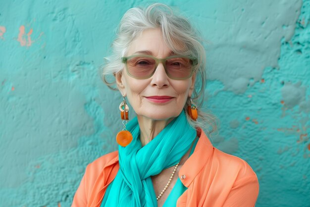 Una mujer con una bufanda azul y una camisa naranja está sonriendo