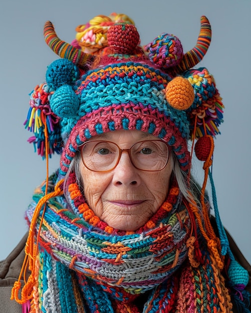 una mujer con una bufanda con la palabra tejer en ella