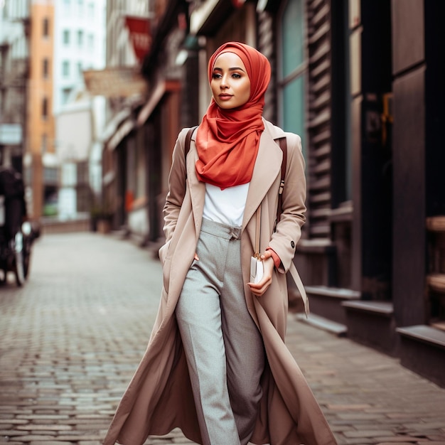 Foto mujer con una bufanda roja y un abrigo beige caminando por una calle de ladrillo