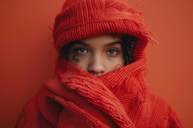 Mujer con bufanda roja y sombrero IA generativa