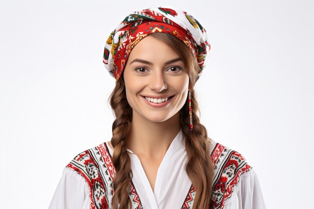 Mujer búlgara sonriendo feliz con traje nacional IA generativa