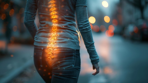 Mujer con bursitis de cadera cojeando compuesto digital con IA generativa de espacio de copia