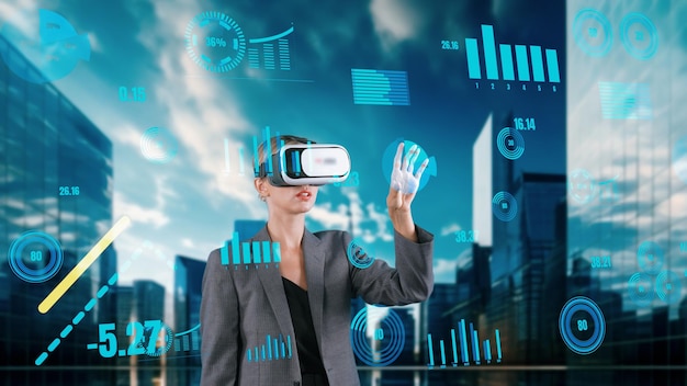 Mujer buscando datos utilizando el análisis de deslizamiento de la mano por VR en el edificio Contraption