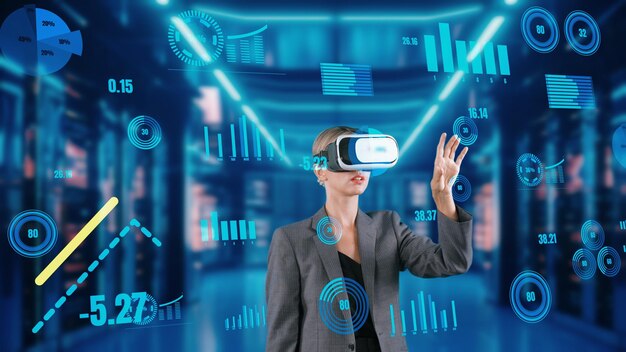 Mujer buscando datos utilizando el análisis de deslizamiento de la mano por VR en el edificio Contraption